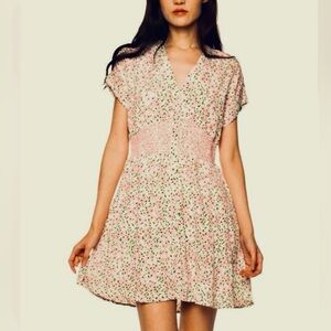 Black Tape Pink & Green V-neck Short Sleeve Floral Print Smocked Dress, Size S